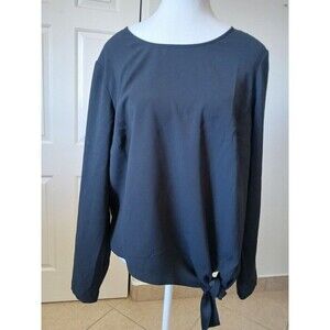 Talbots Womens Blouse Side‎ Tie Black Large Round Neck Long Sleeve Minimalist